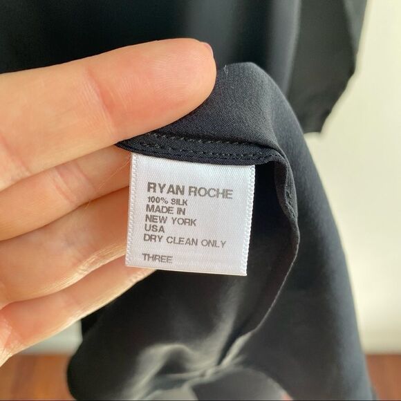 Ryan Roche black silk one shoulder long sleeve drape straight a-line midi dress - Picture 4 of 6